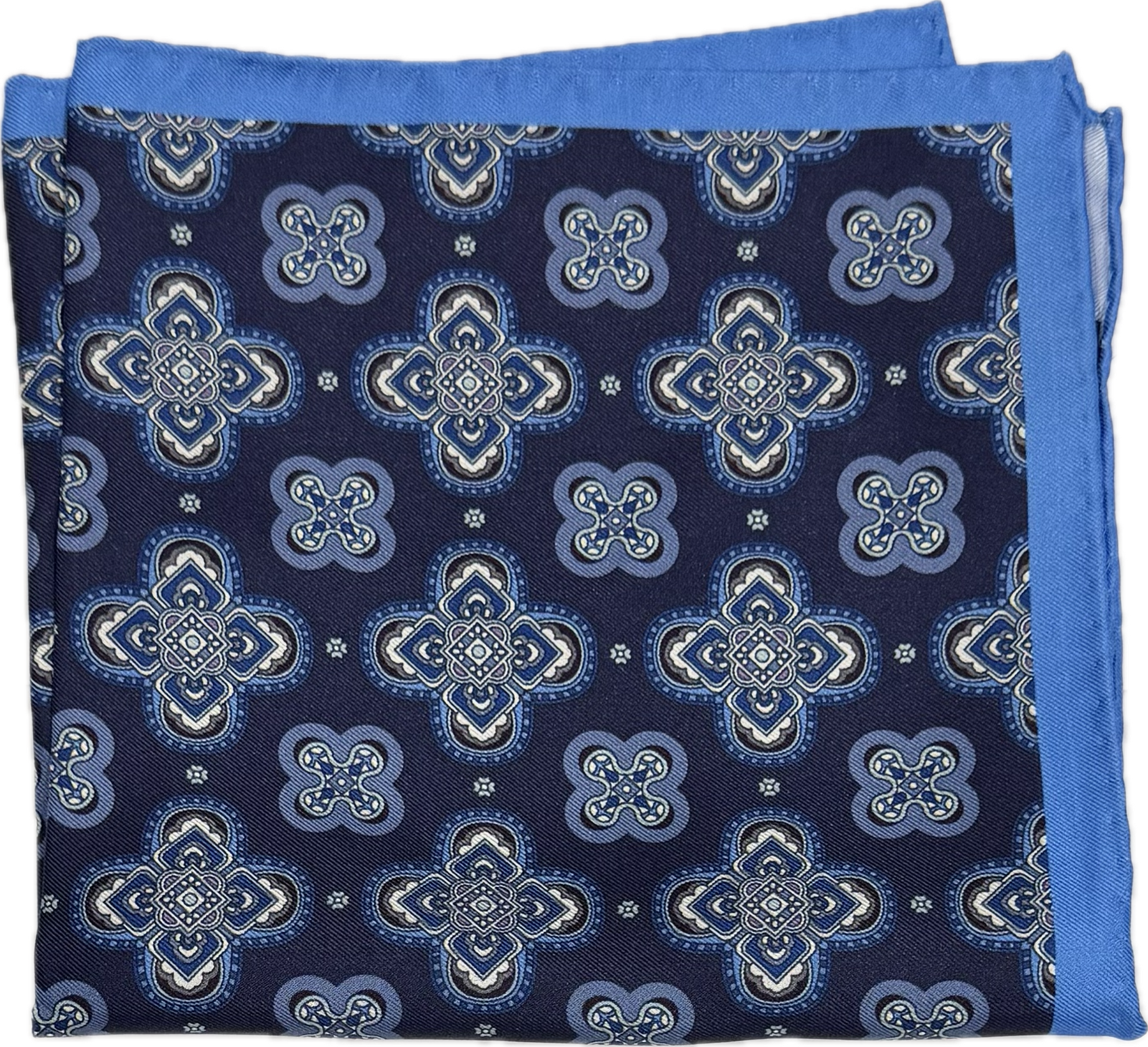 Pocket square seta fantasia medaglioni navy celeste Monsieur
