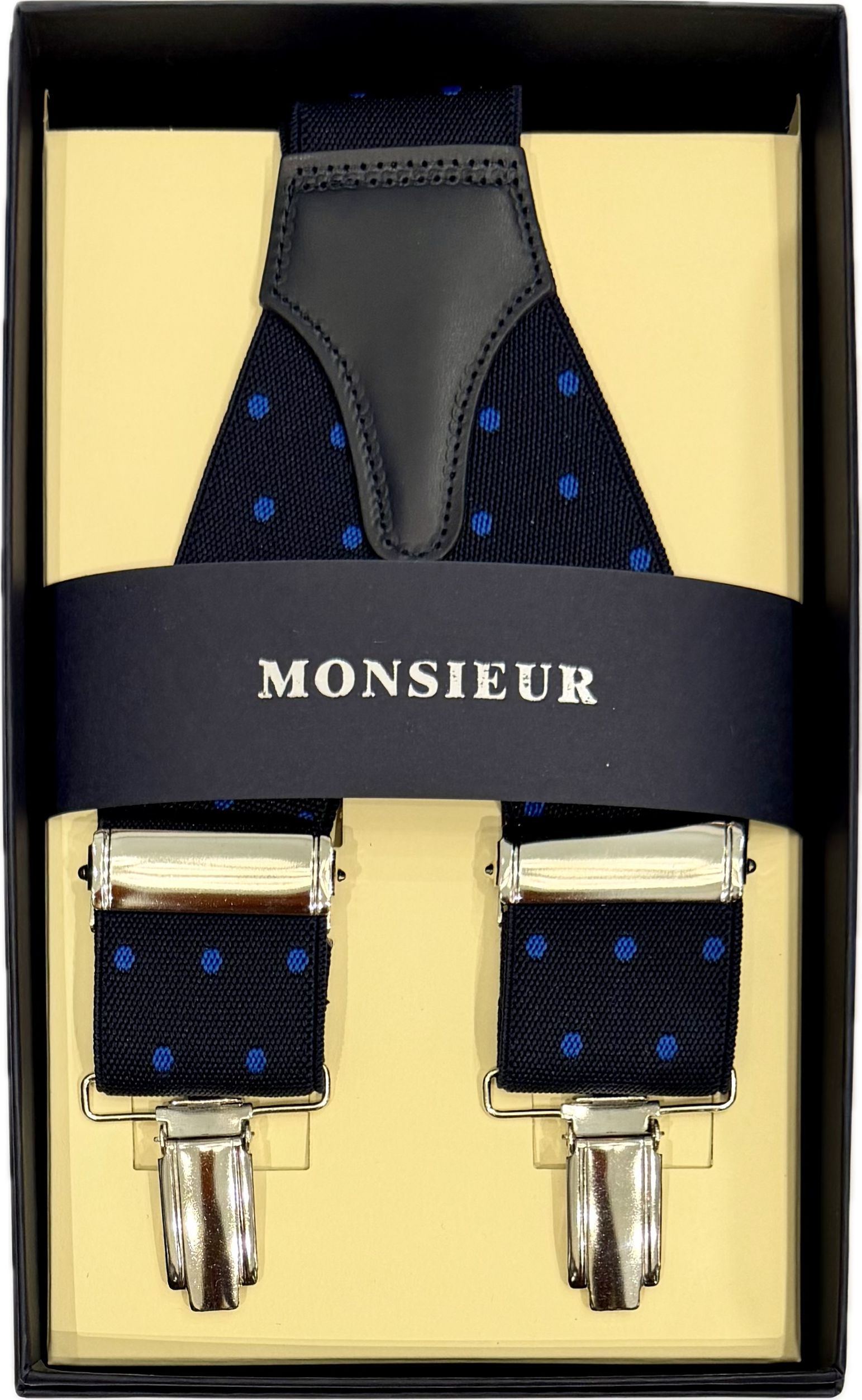 Bretelle elastico clip blu pois royal Monsieur