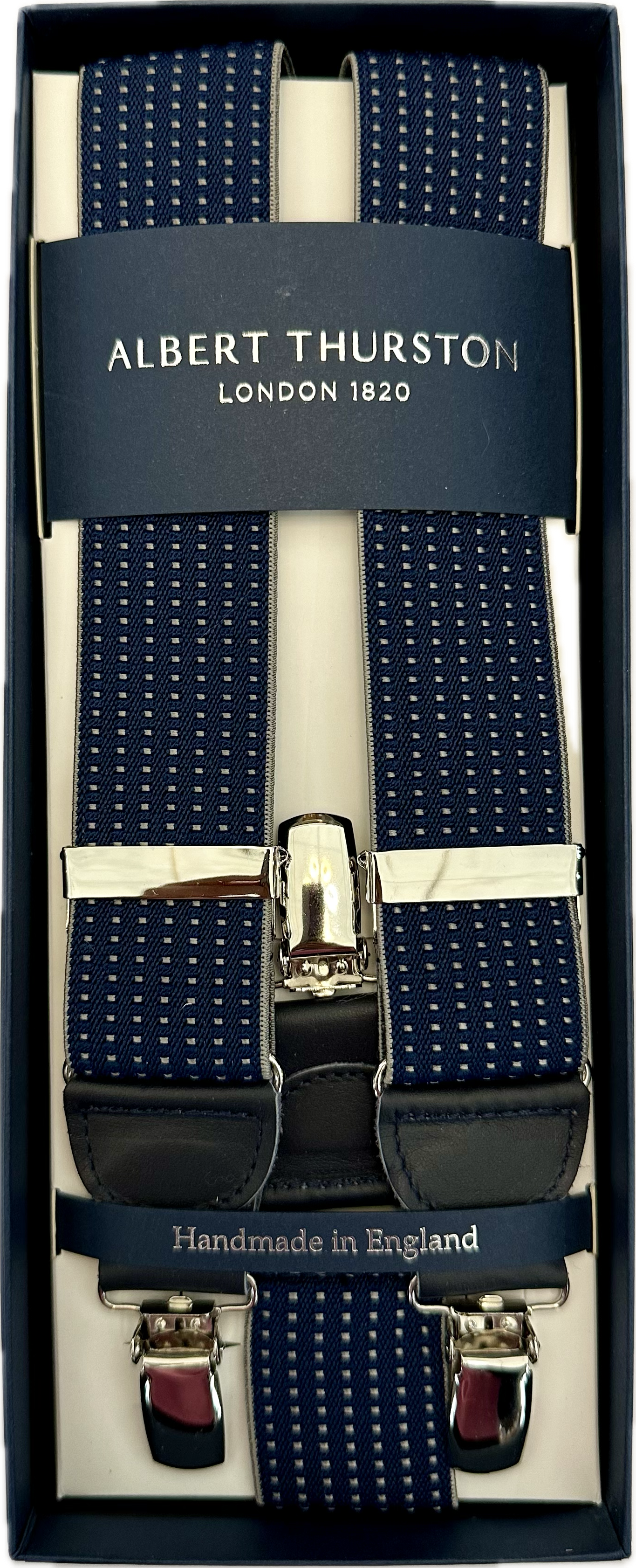 Bretelle elastico clip blu micro pois grigio perla Albert Thurston