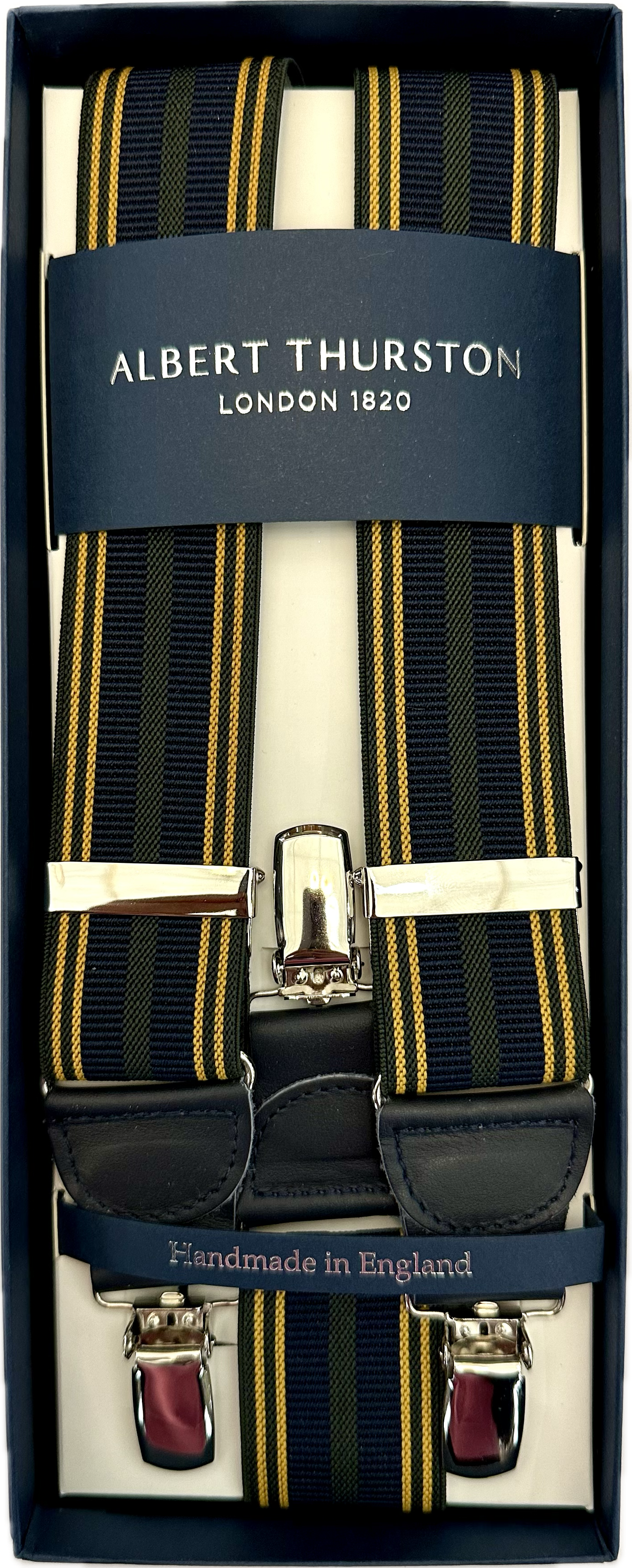 Bretelle elastico clip regimental navy verde giallo Albert Thurston