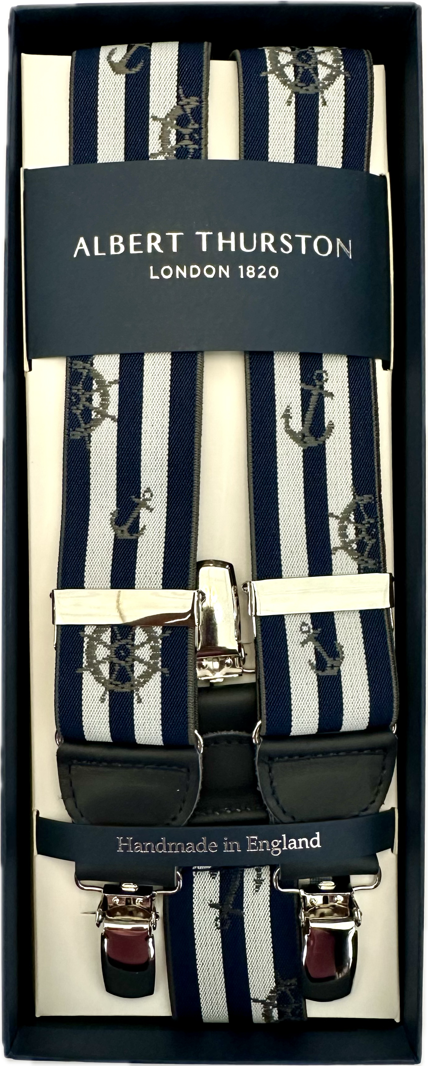 Bretelle elastico clip rigate blu bianco fantasia marinara Albert Thurston