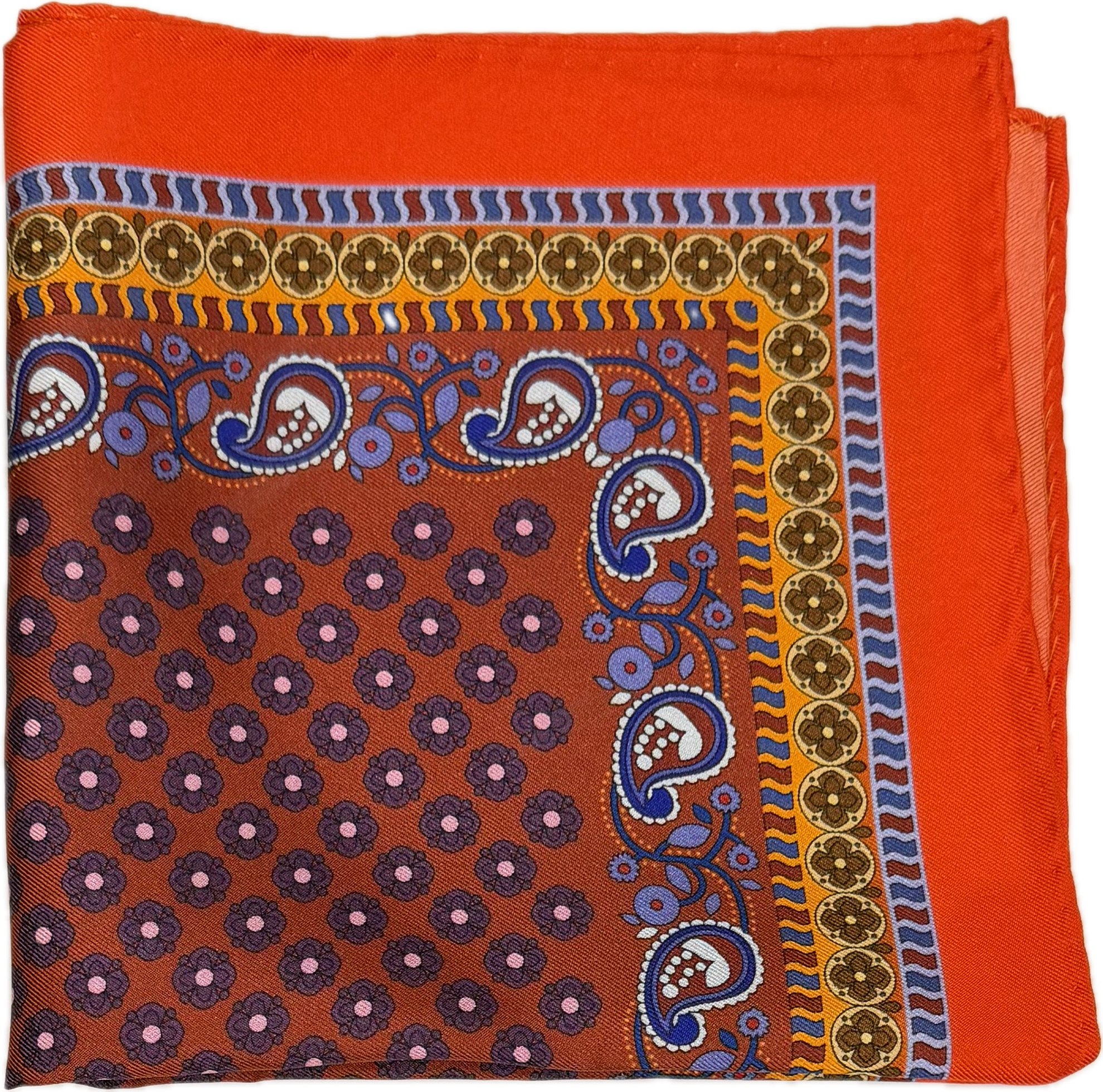 Pocket square seta fantasia geometrica arancione viola gialla Monsieur