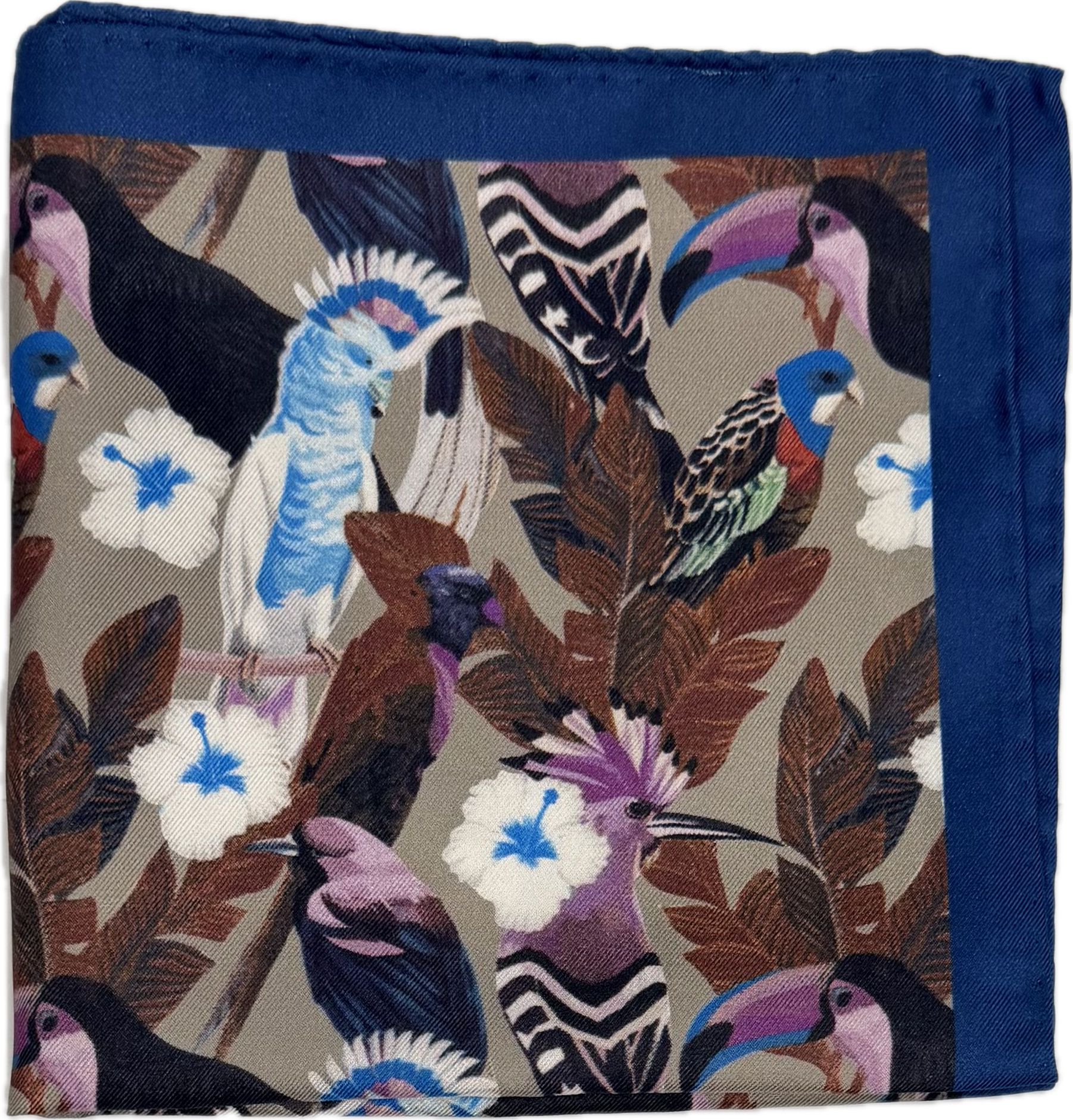 Pocket square seta fantasia pappagalli tortora viola Monsieur