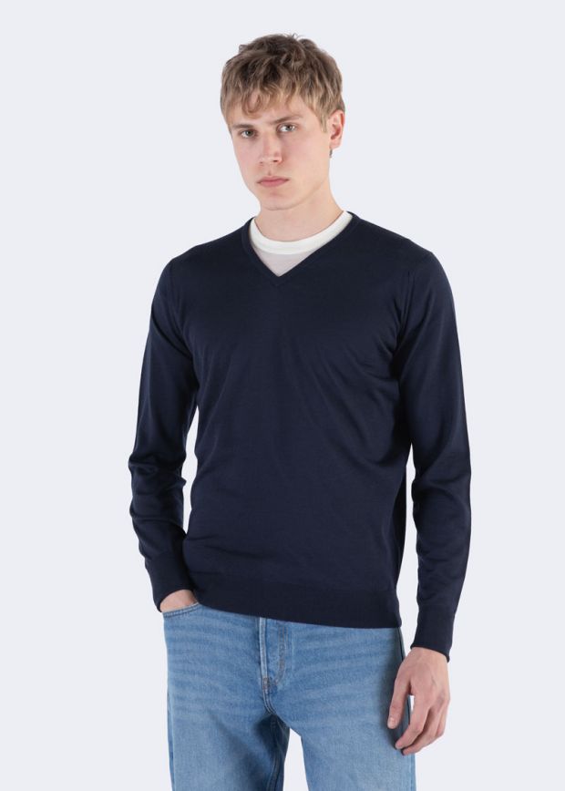 Girocollo Bobby a V extra fine merino wool midnight John Smedley