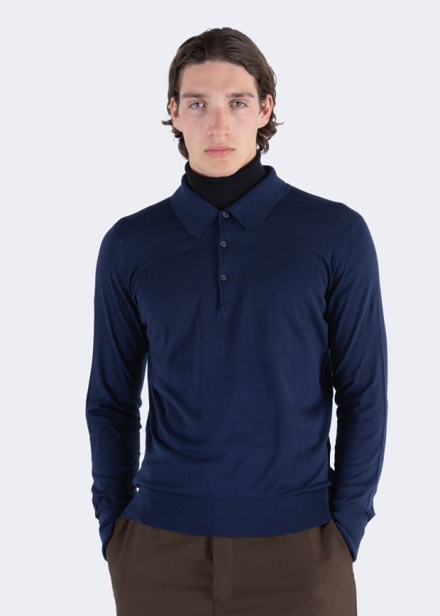 Polo Finchley manica lunga sea island cotton French navy John Smedley