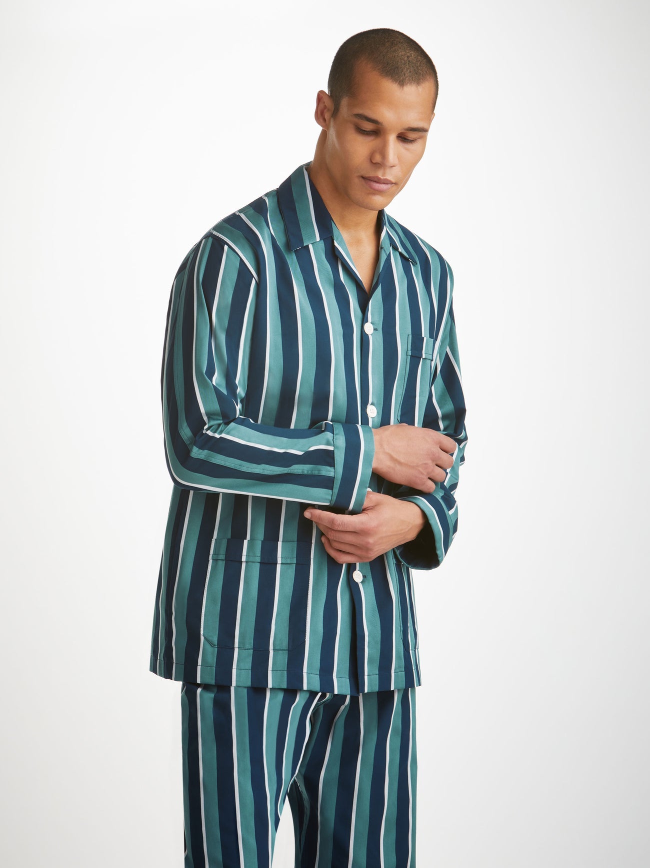 Pigiama lungo cotone Satin Rigato Teal Derek Rose