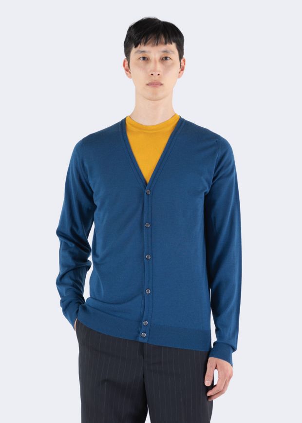 Cardigan lana Petworth montagu blue John Smedley