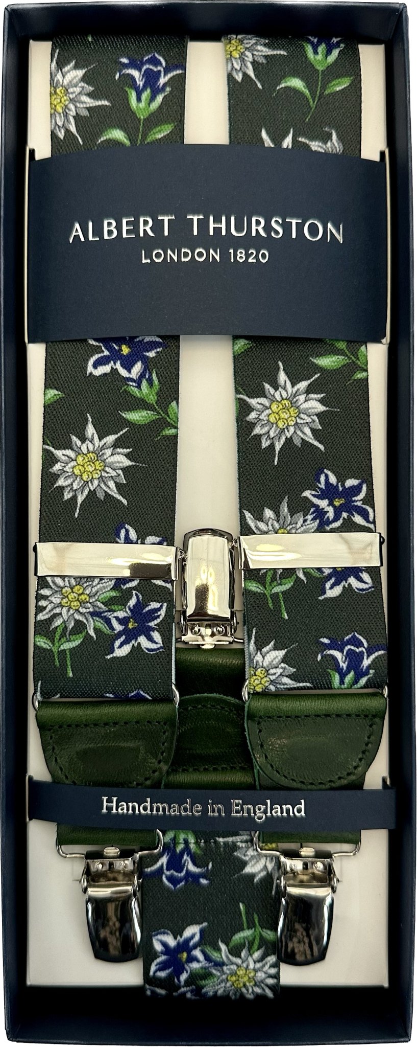 Bretelle elastico clip fantasia edelweiss verde Albert Thurston - MONSIEUR