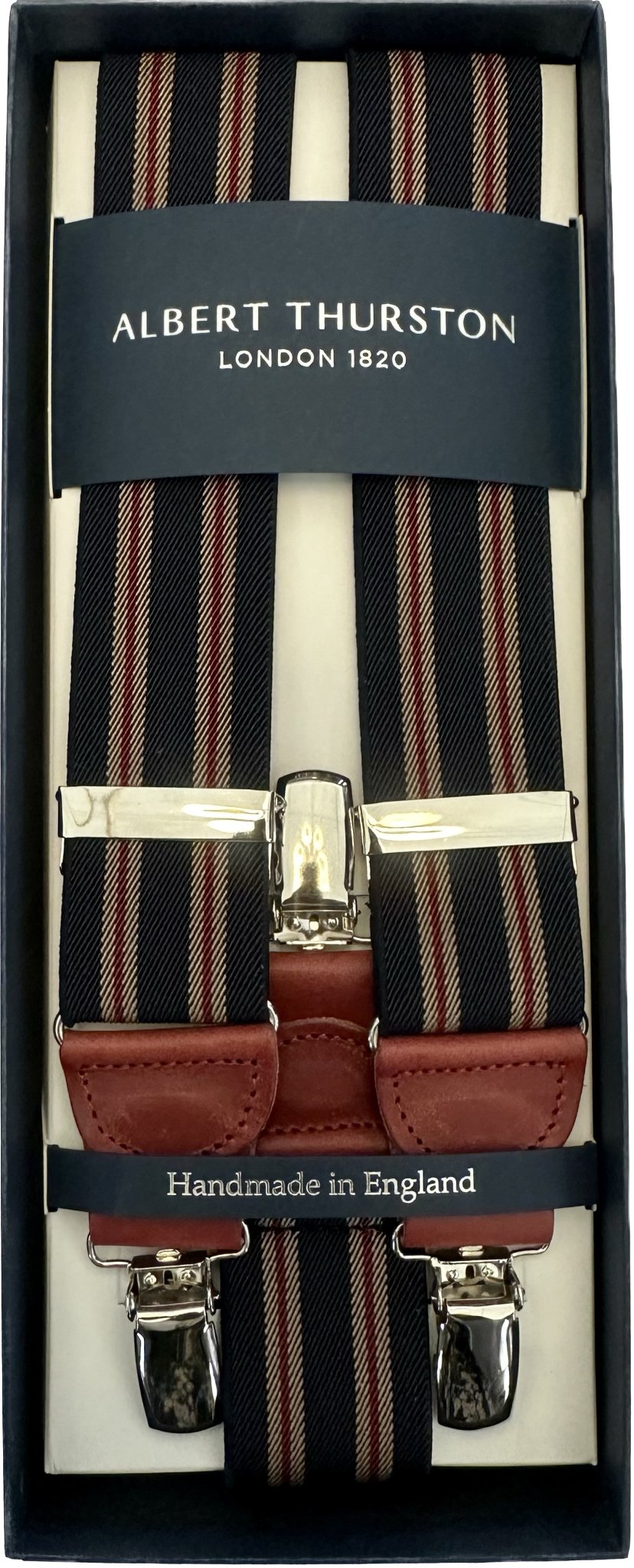 Bretelle elastico clip regimental navy beige bordeaux Albert Thurston - MONSIEUR