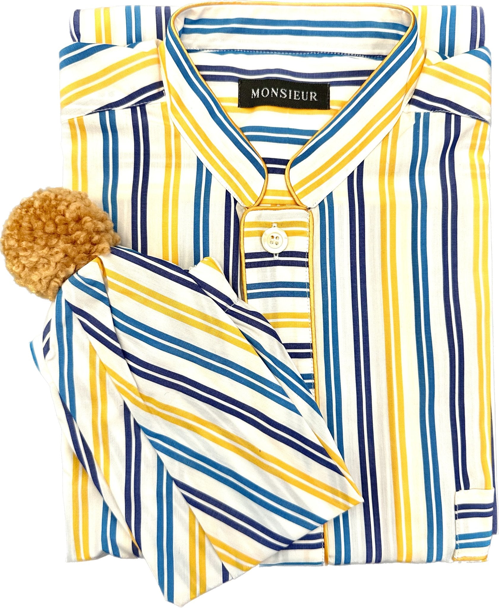 Camicia da notte cotone bianca rigata gialla blu turchese Monsieur - MONSIEUR