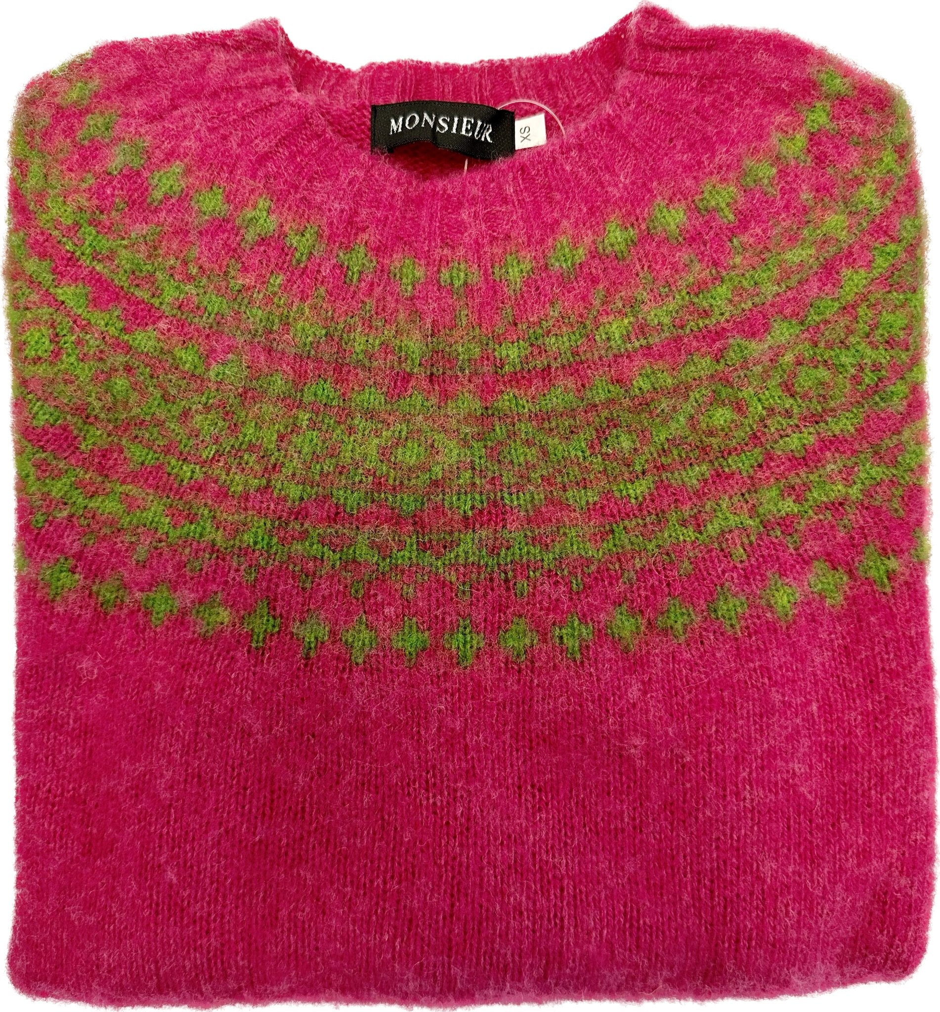 Girocollo raglan brushed shetland fair isle yoke carnation garden leaf Monsieur - MONSIEUR