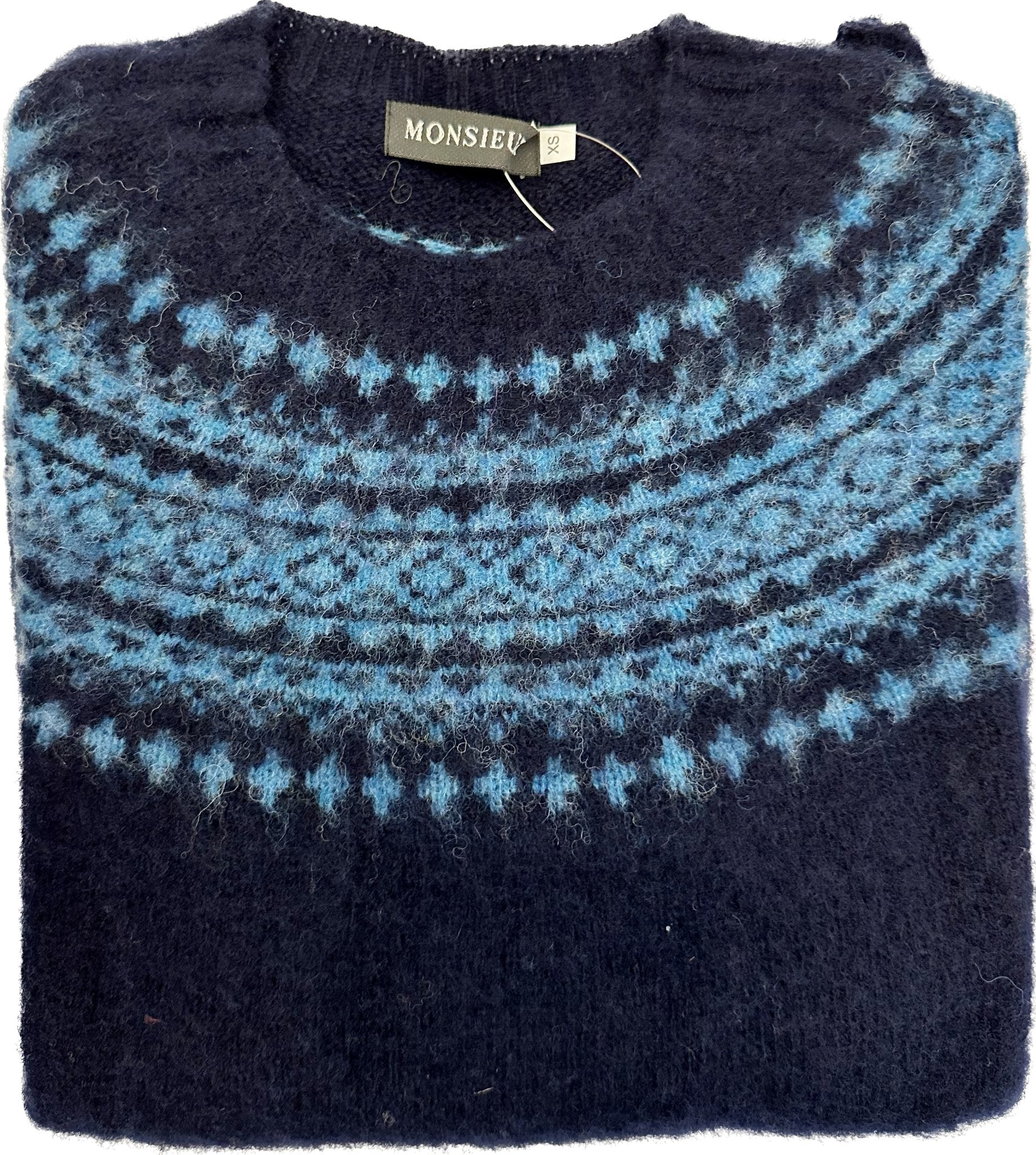 Girocollo raglan brushed shetland fair isle yoke new navy pennant bay Monsieur - MONSIEUR