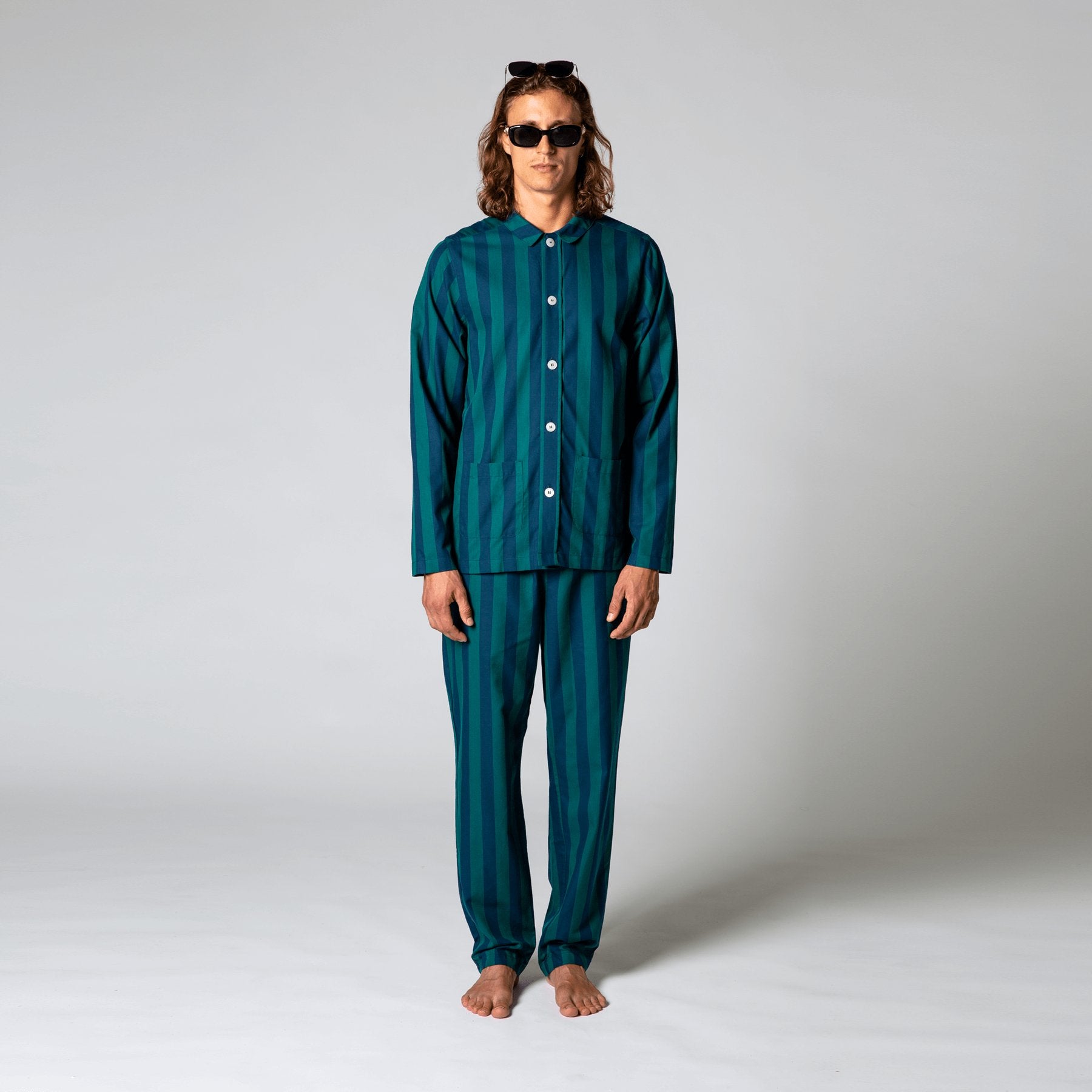 Pigiama lungo cotone rigato verde blu Nufferton - MONSIEUR