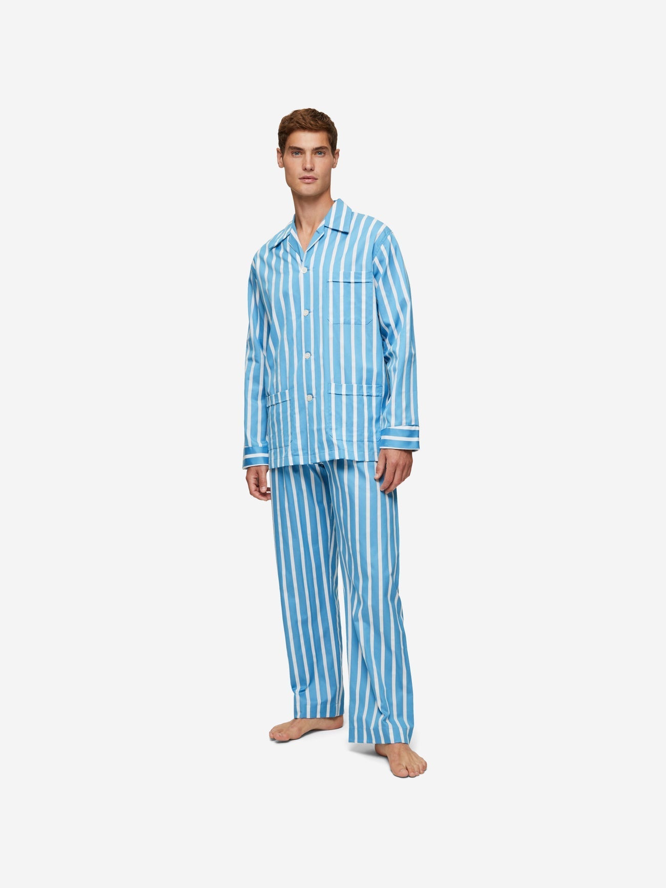 Pigiama lungo cotone Satin Rigato Azzurro Derek Rose - MONSIEUR