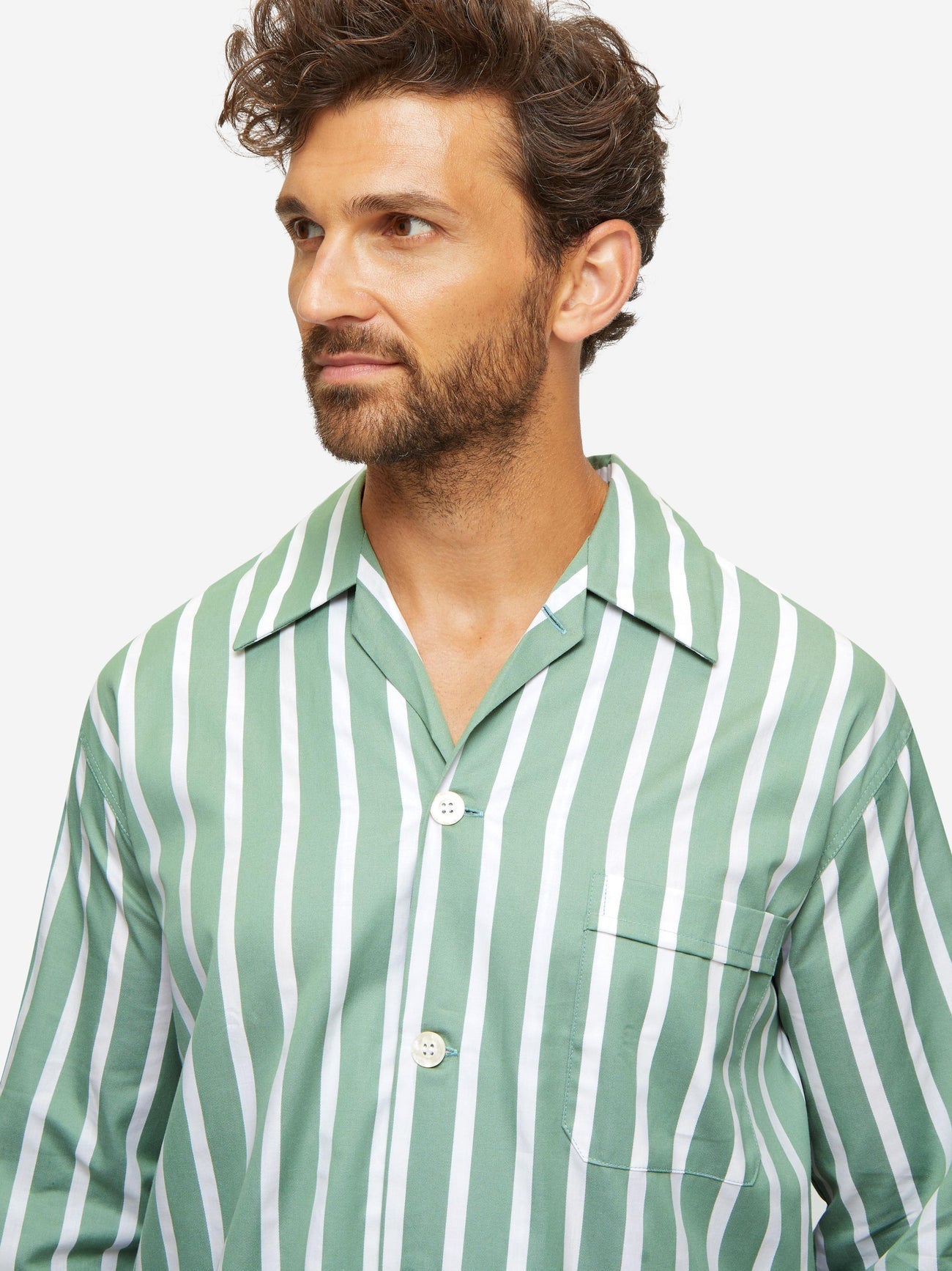 Pigiama lungo cotone Satin rigato verde Derek Rose - MONSIEUR