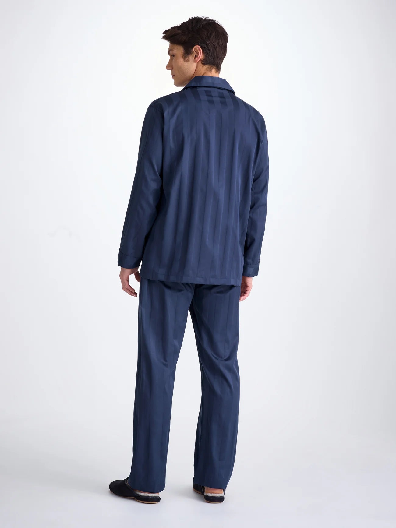 Pigiama lungo cotone Satin Rigato navy Derek Rose