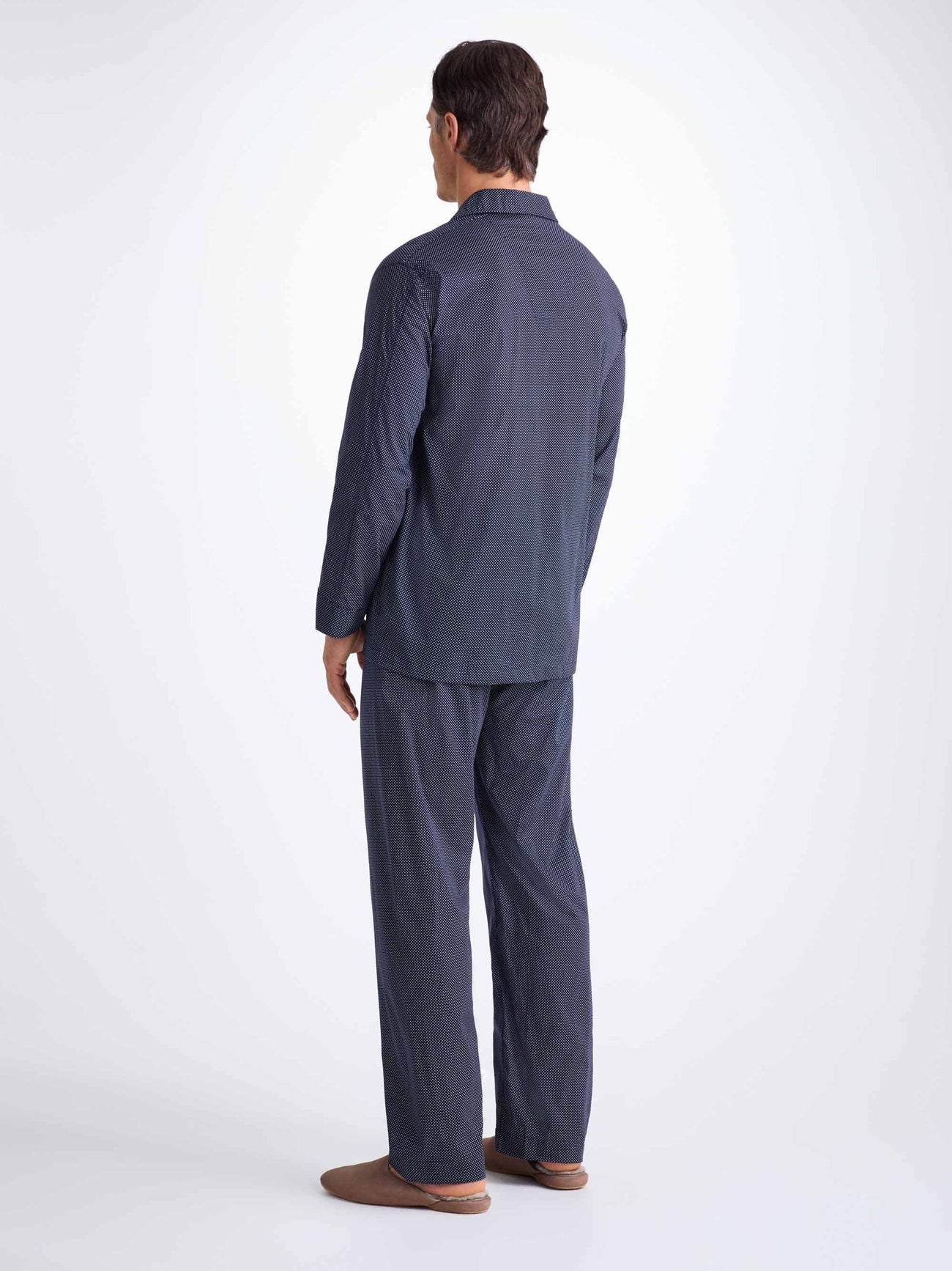 Pigiama lungo cotone navy micro pois bianco Derek Rose