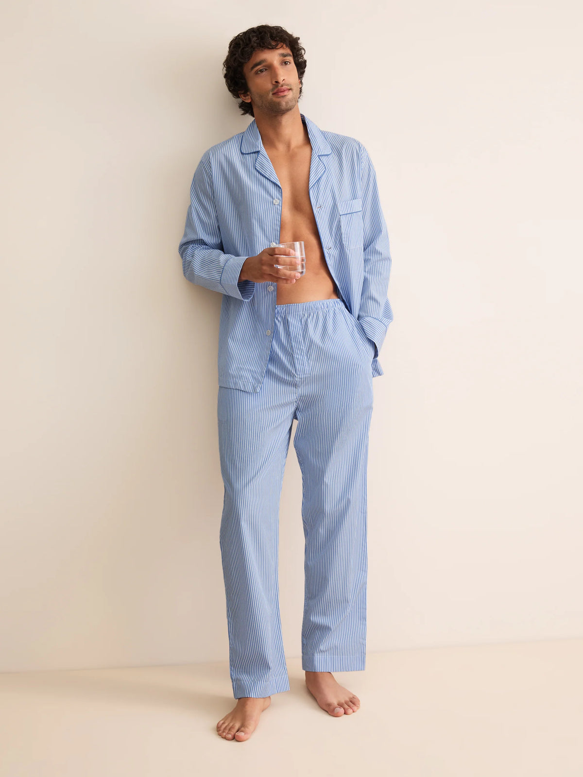 Pigiama lungo cotone rigato bianco azzurro Derek Rose