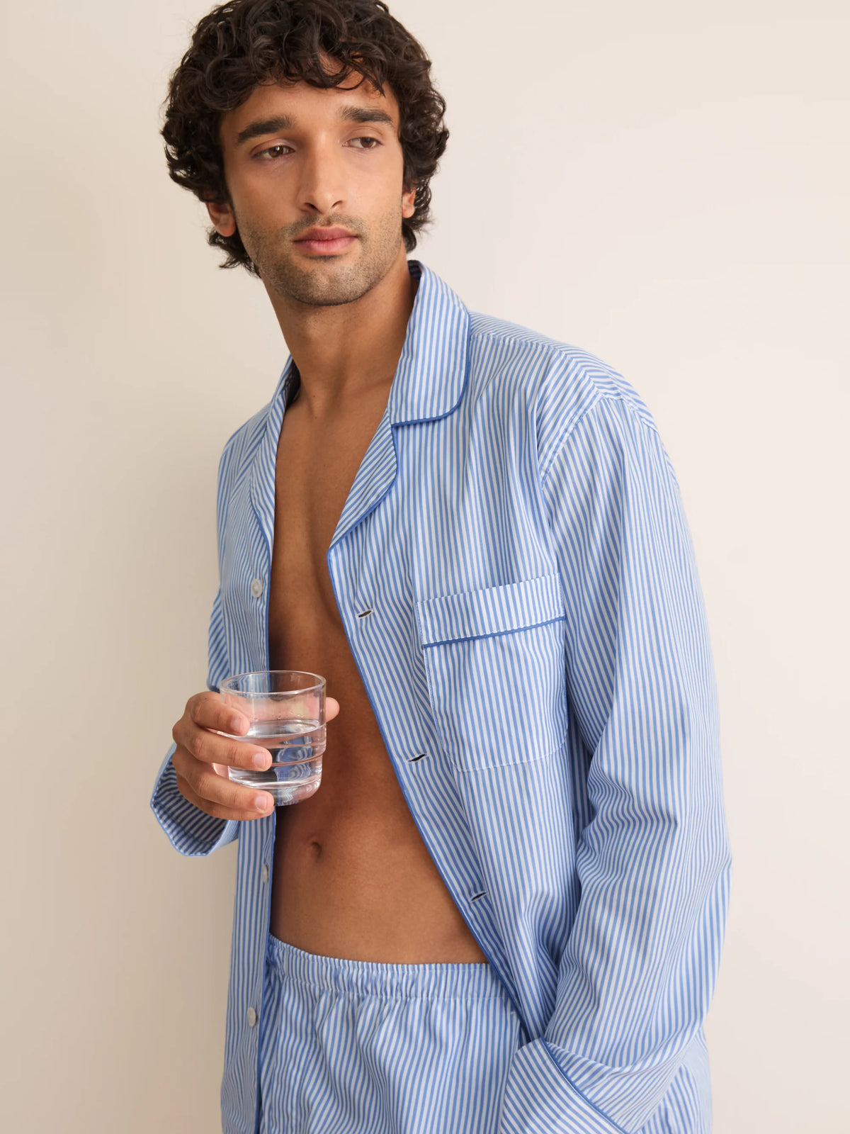 Pigiama lungo cotone rigato bianco azzurro Derek Rose