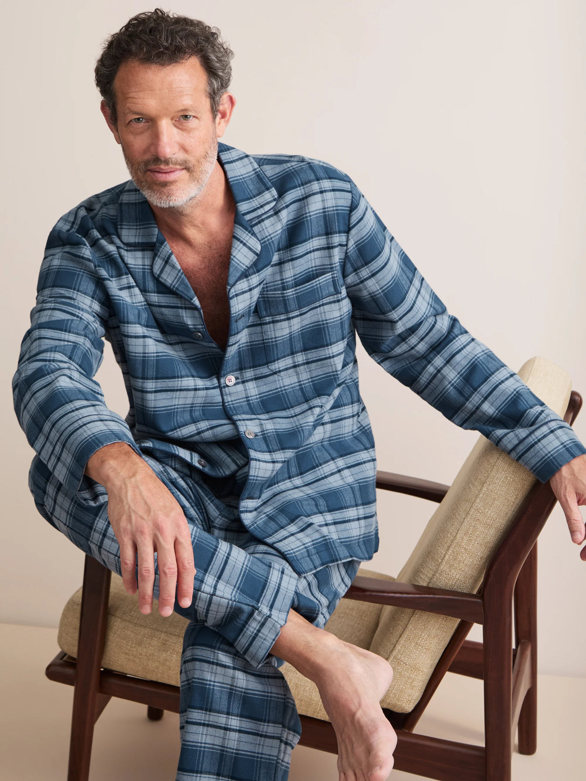 Pigiama lungo cotone brushed check blu Derek Rose