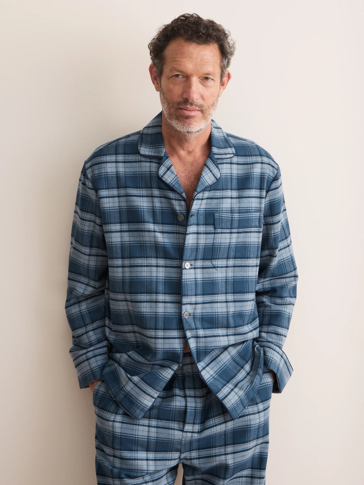 Pigiama lungo cotone brushed check blu Derek Rose
