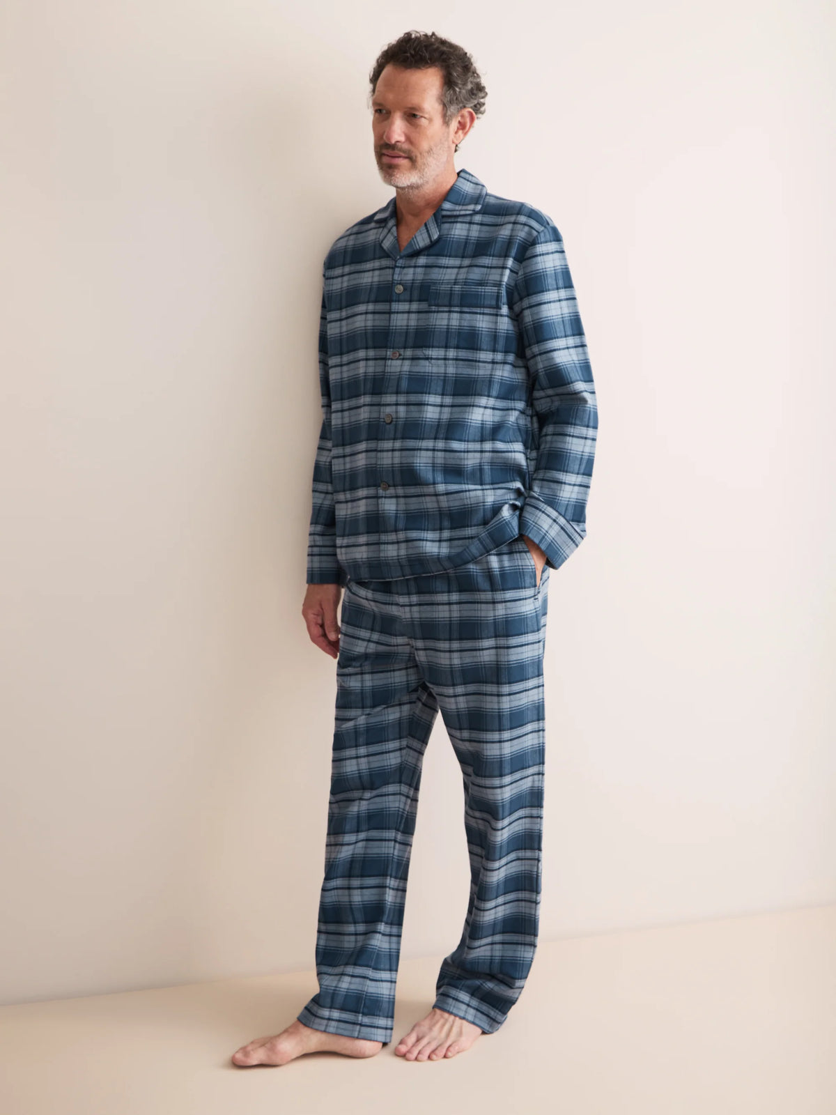 Pigiama lungo cotone brushed check blu Derek Rose