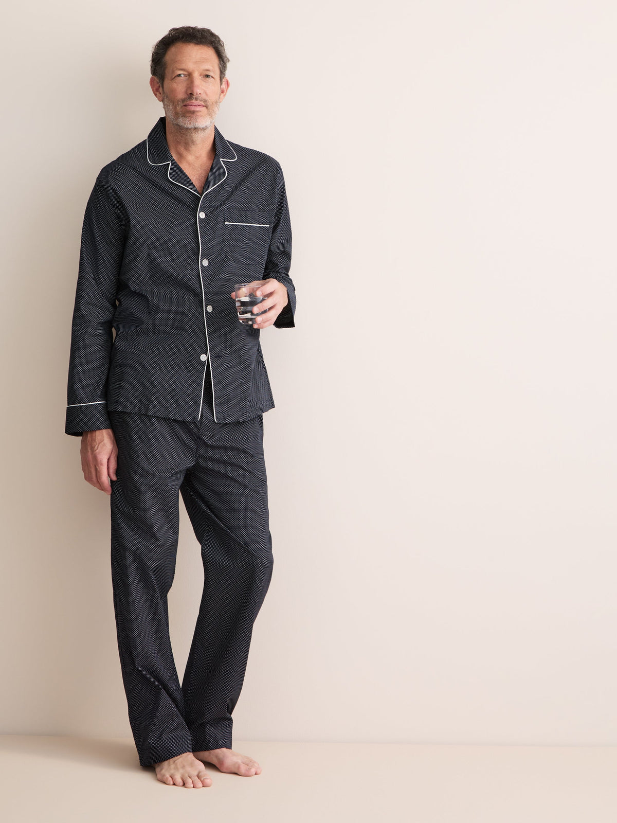 Pigiama lungo cotone navy micro pois bianco Derek Rose