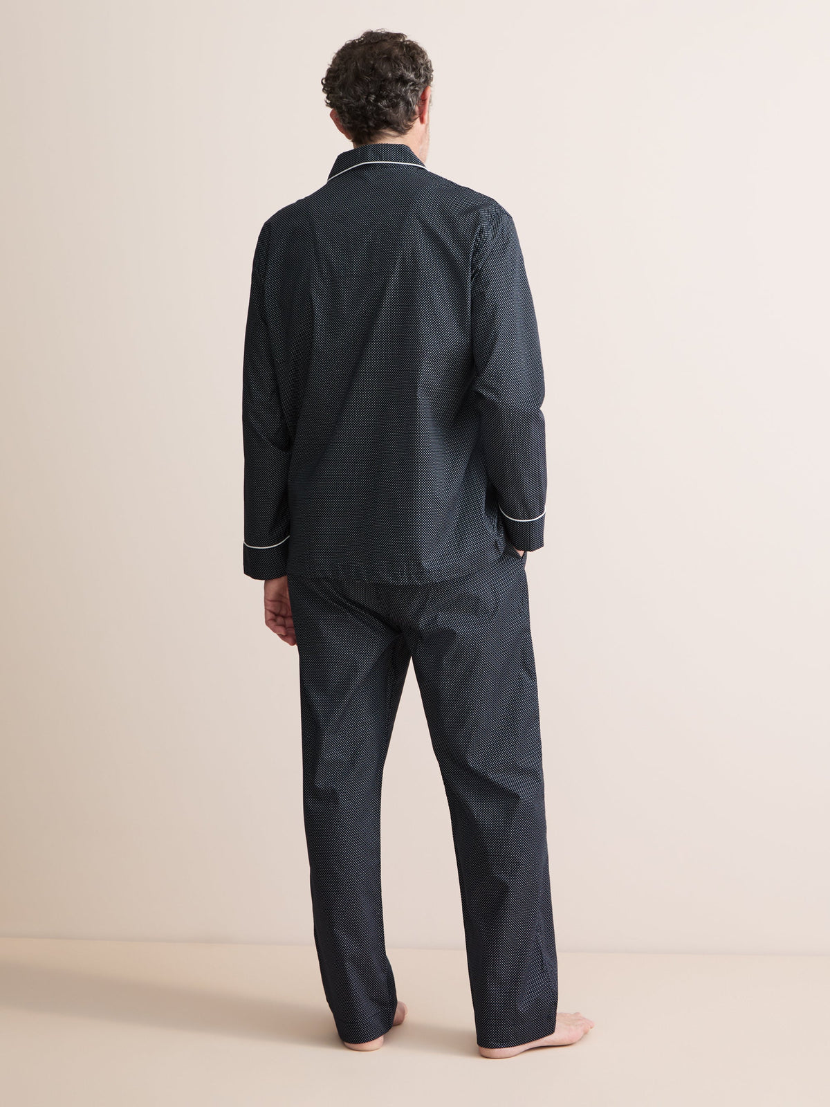 Pigiama lungo cotone navy micro pois bianco Derek Rose
