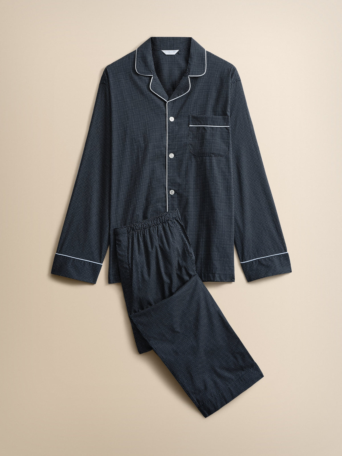 Pigiama lungo cotone navy micro pois bianco Derek Rose