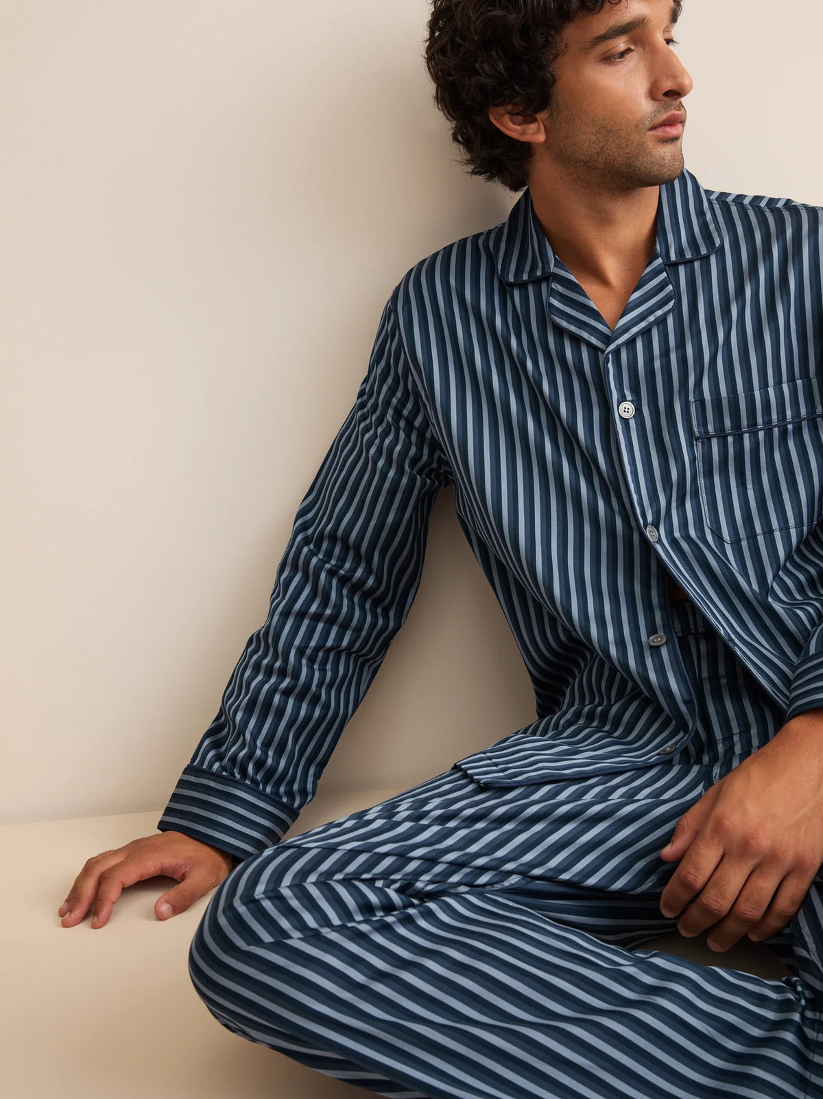 Pigiama lungo cotone Wellington stripe navy Derek Rose