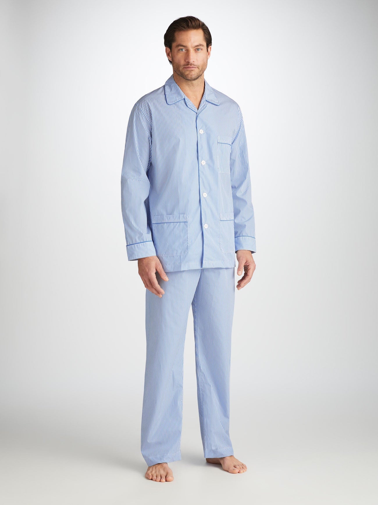Pigiama lungo cotone rigato bianco azzurro Derek Rose