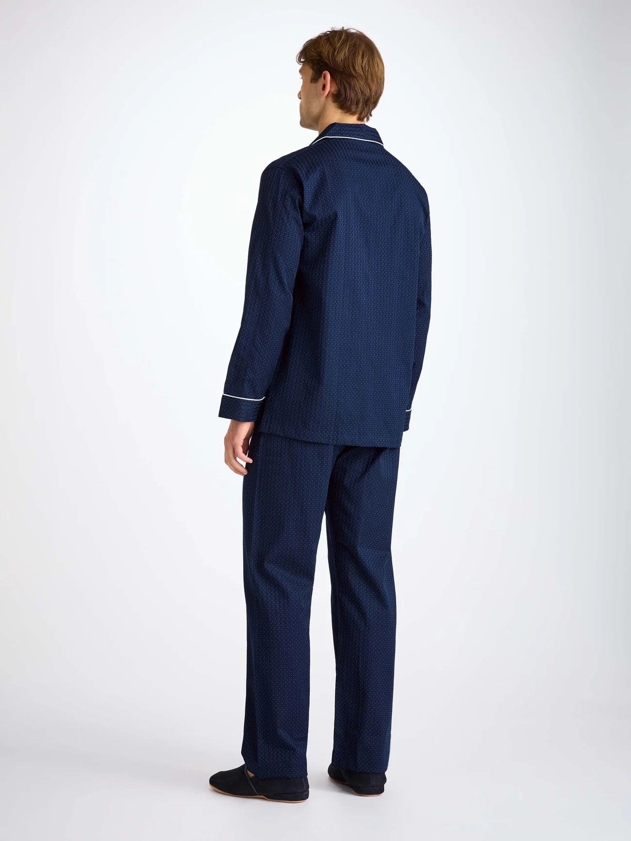 Pigiama lungo cotone satin micro pois navy Derek Rose