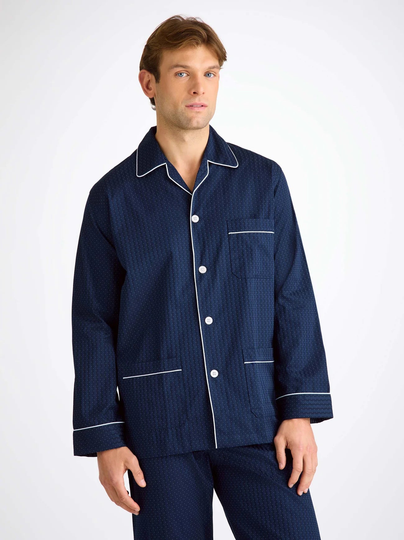 Pigiama lungo cotone satin micro pois navy Derek Rose
