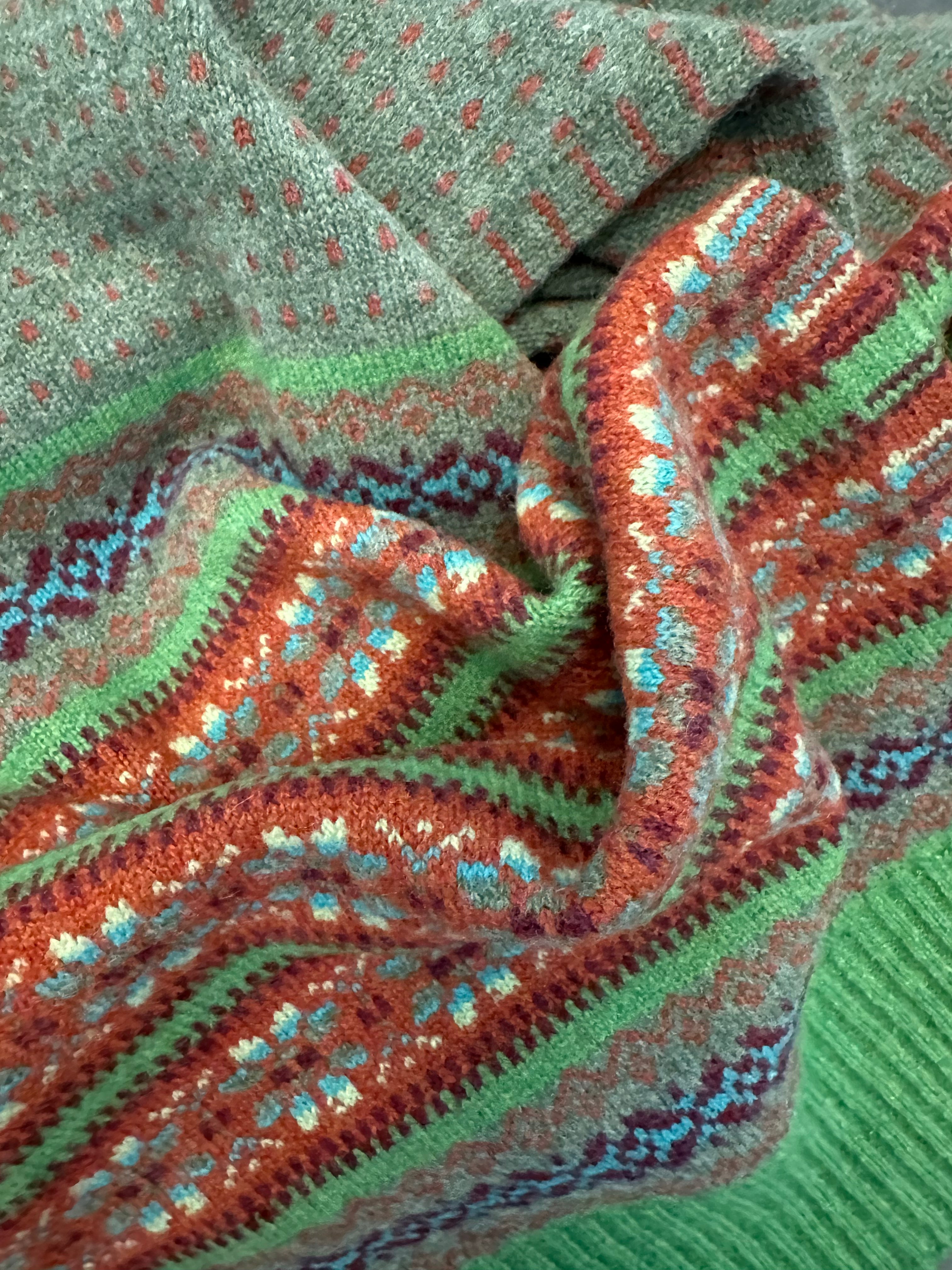 Sciarpa fair isle pura lana vergine verde marrone turchese Monsieur