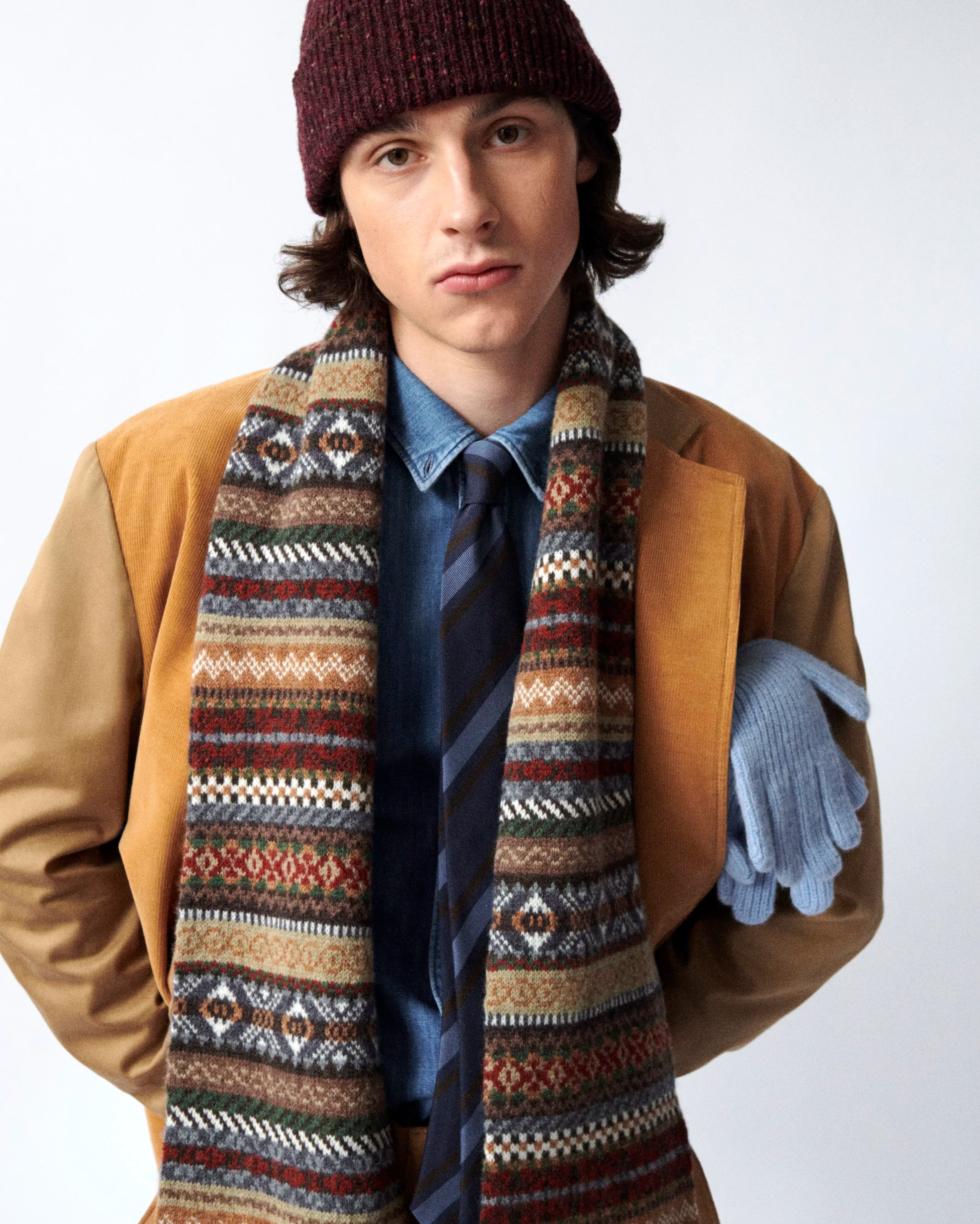 Sciarpa tubolare fair isle pura lana vergine marrone beige verde ruggine Monsieur