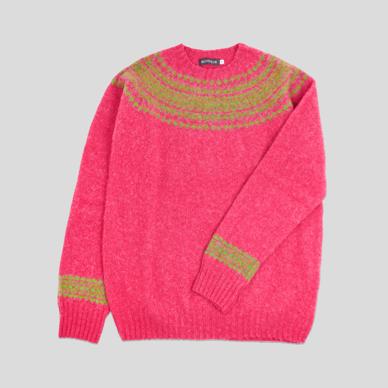 Girocollo raglan brushed shetland fair isle yoke Carnation Garden leaf Monsieur