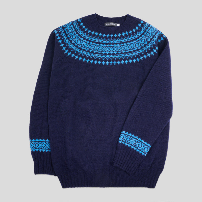 Girocollo raglan brushed shetland fair isle yoke New navy Pennant bay Monsieur
