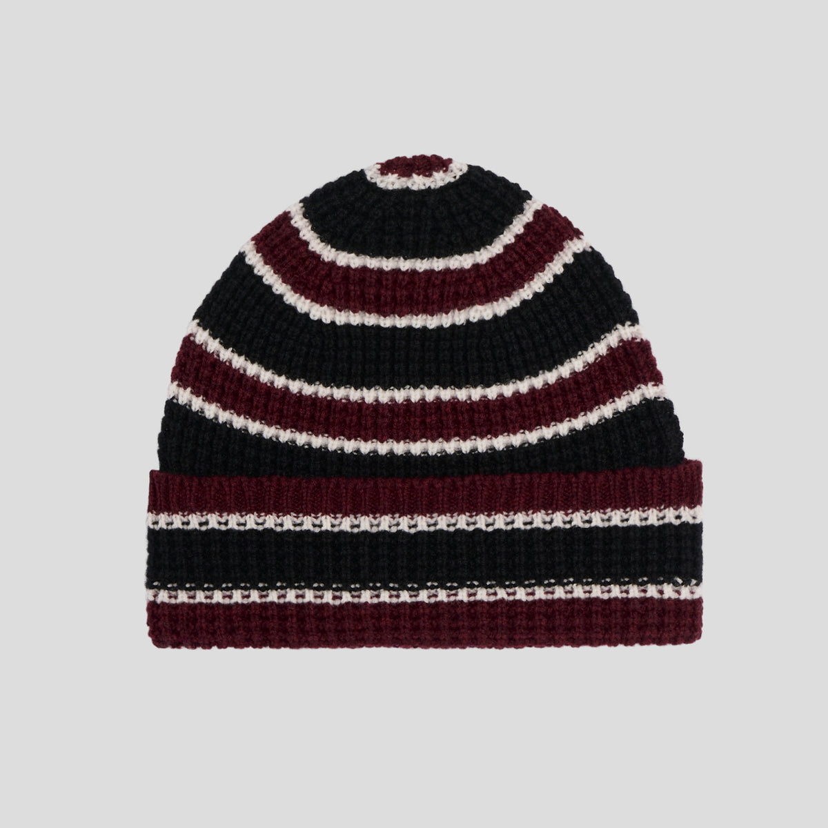 Cuffia lambswool modern stripe nera panna bordeaux Robert Mackie
