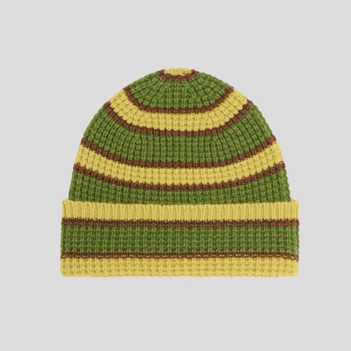 Cuffia lambswool modern stripe verde gialla marrone Robert Mackie
