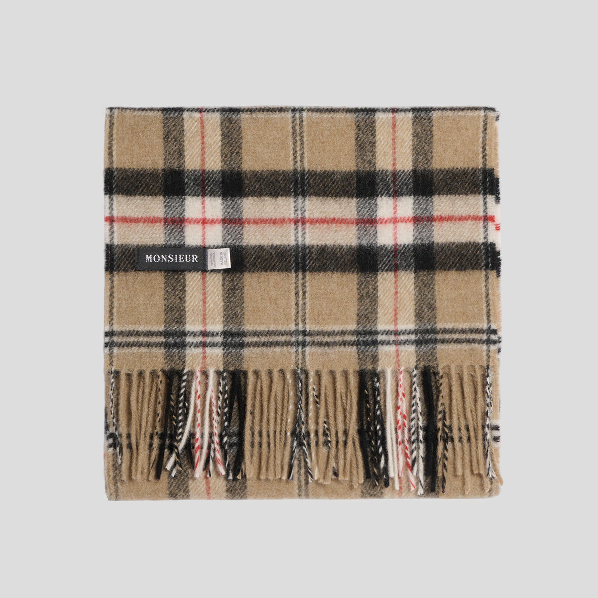 Sciarpa lambswool check cammello nera rosso Monsieur