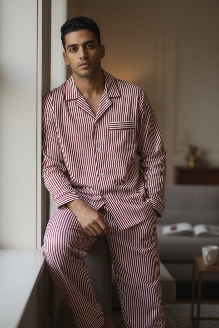 Pigiama lungo cotone rigato bordeaux bianco Monsieur