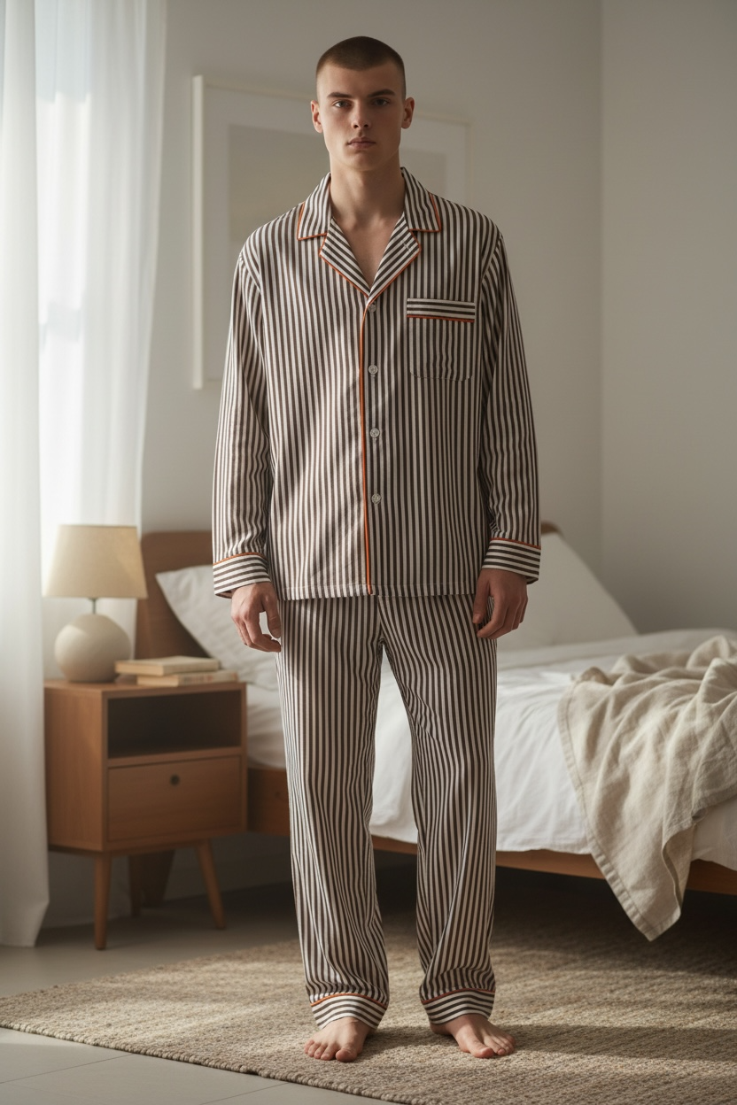 Pigiama lungo cotone rigato marrone bianco Monsieur