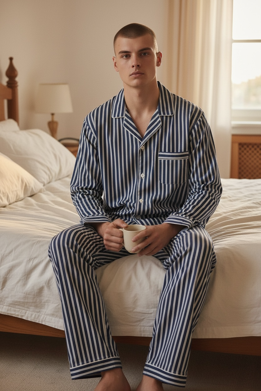 Pigiama lungo cotone rigato navy bianco Monsieur
