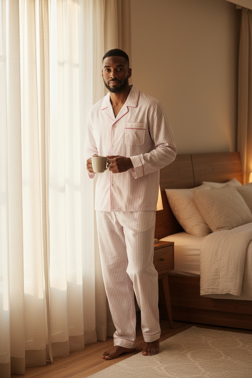 Pigiama lungo cotone rigato rosa bianco Monsieur