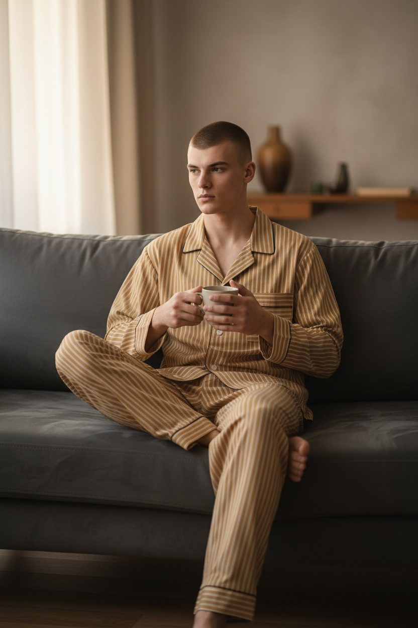Pigiama lungo cotone rigato senape bianco Monsieur