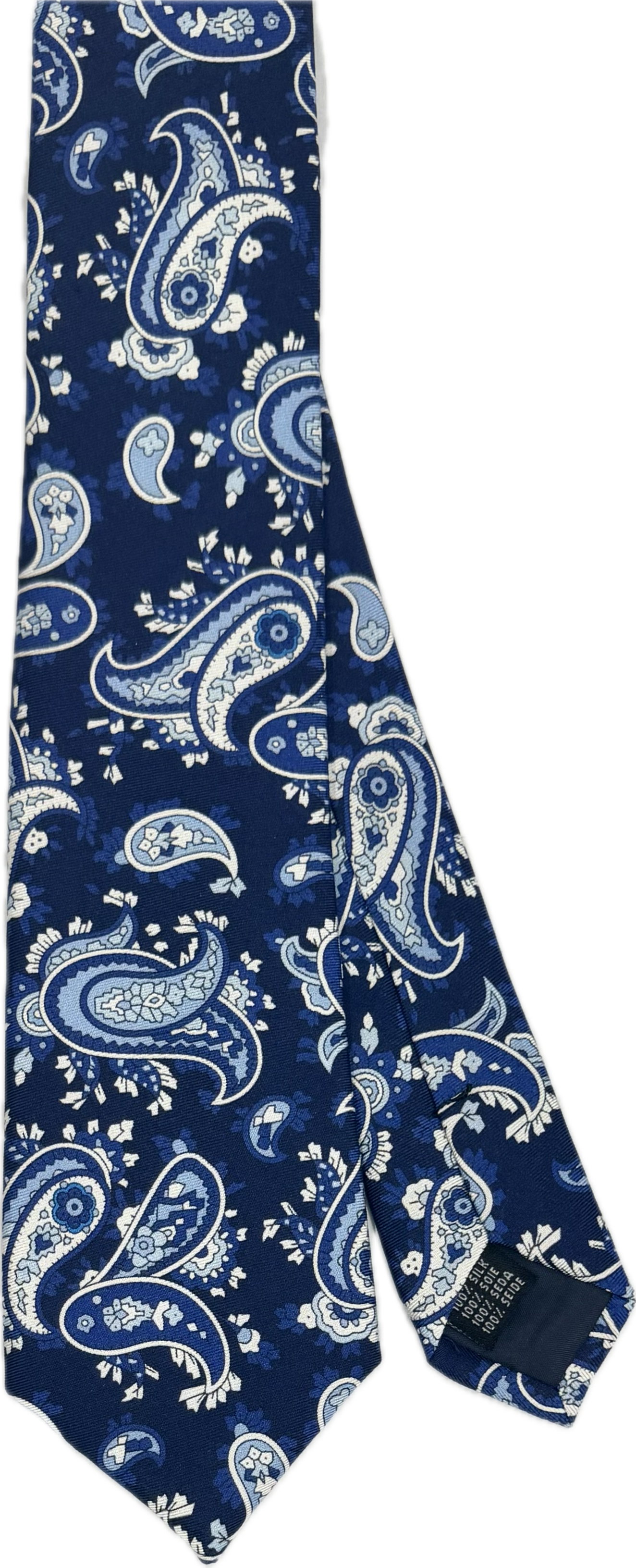 Cravatta stretta seta fantasia paisley blu celeste bianca Monsieur