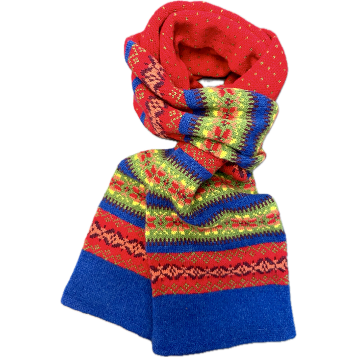 Sciarpa tubolare fair isle pura lana vergine rossa cobalto verde giallo Monsieur