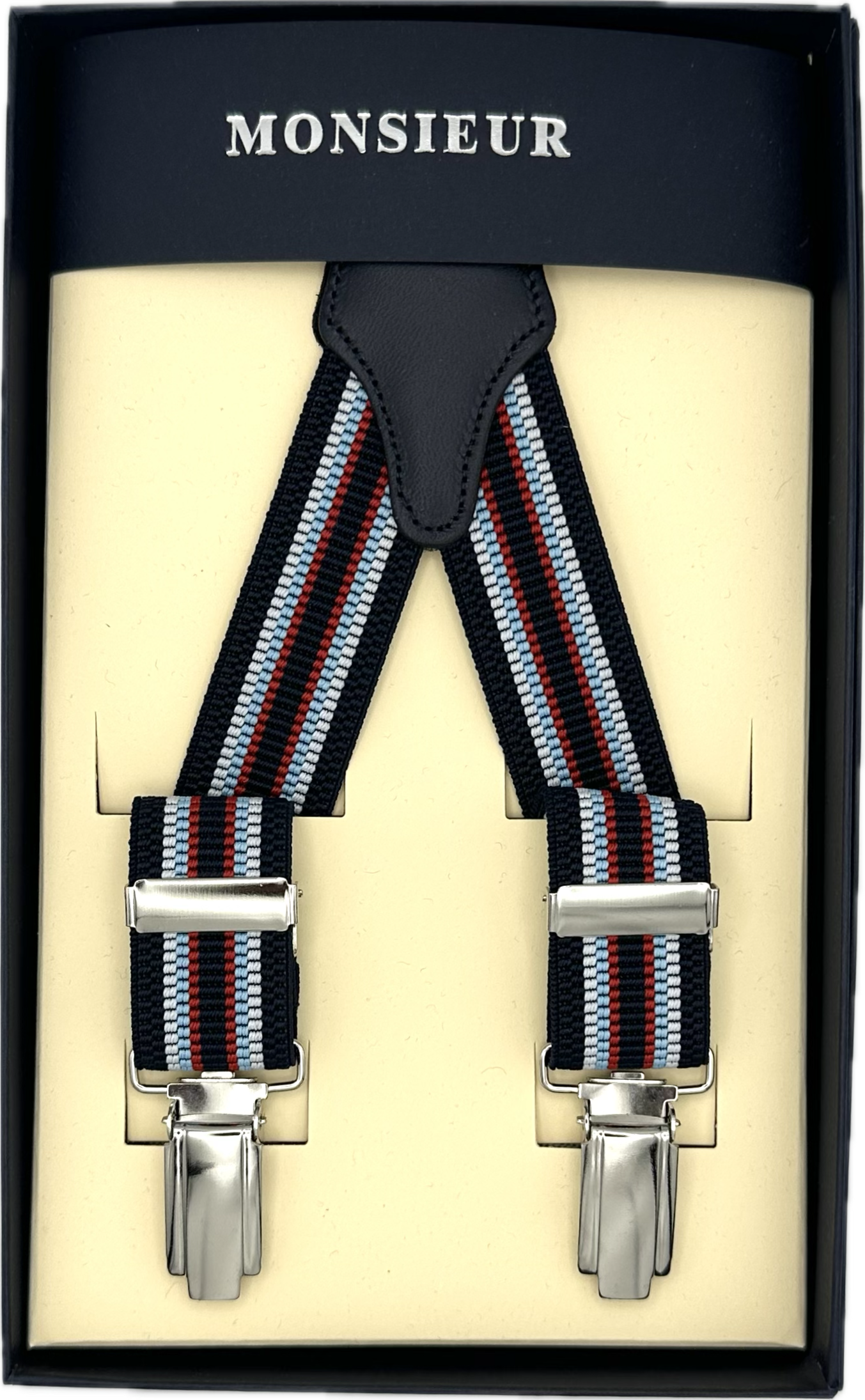 Bretelle elastico strette regimental blu bianco celeste rosso Monsieur