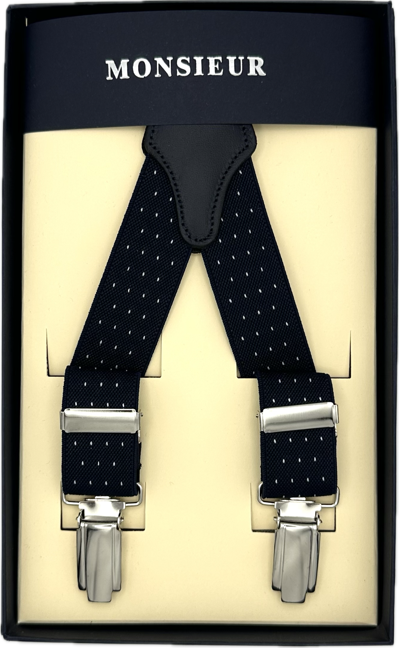 Bretelle elastico strette blu micro pois bianco Monsieur