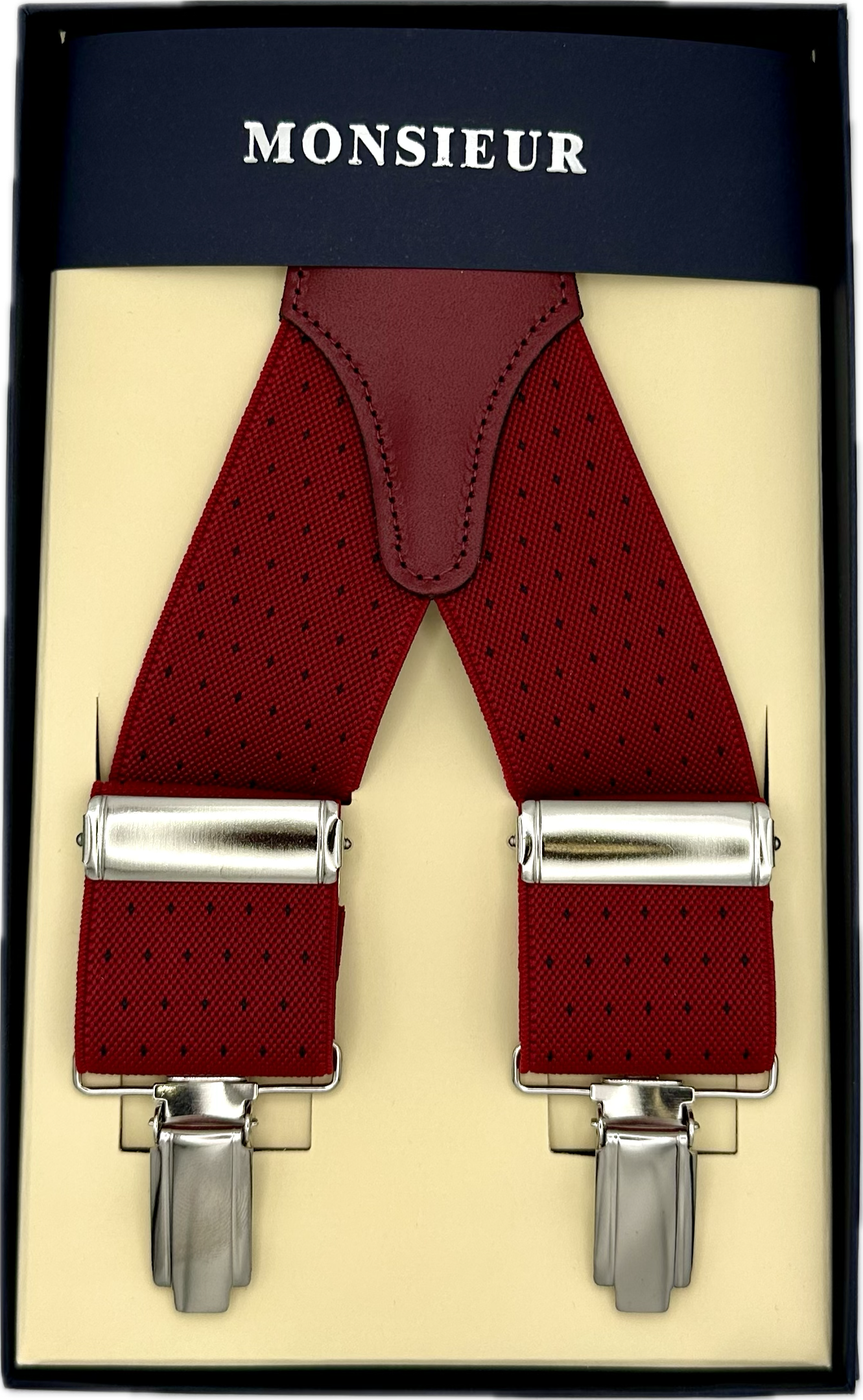 Bretelle elastico clip rossa micro pois blu Monsieur